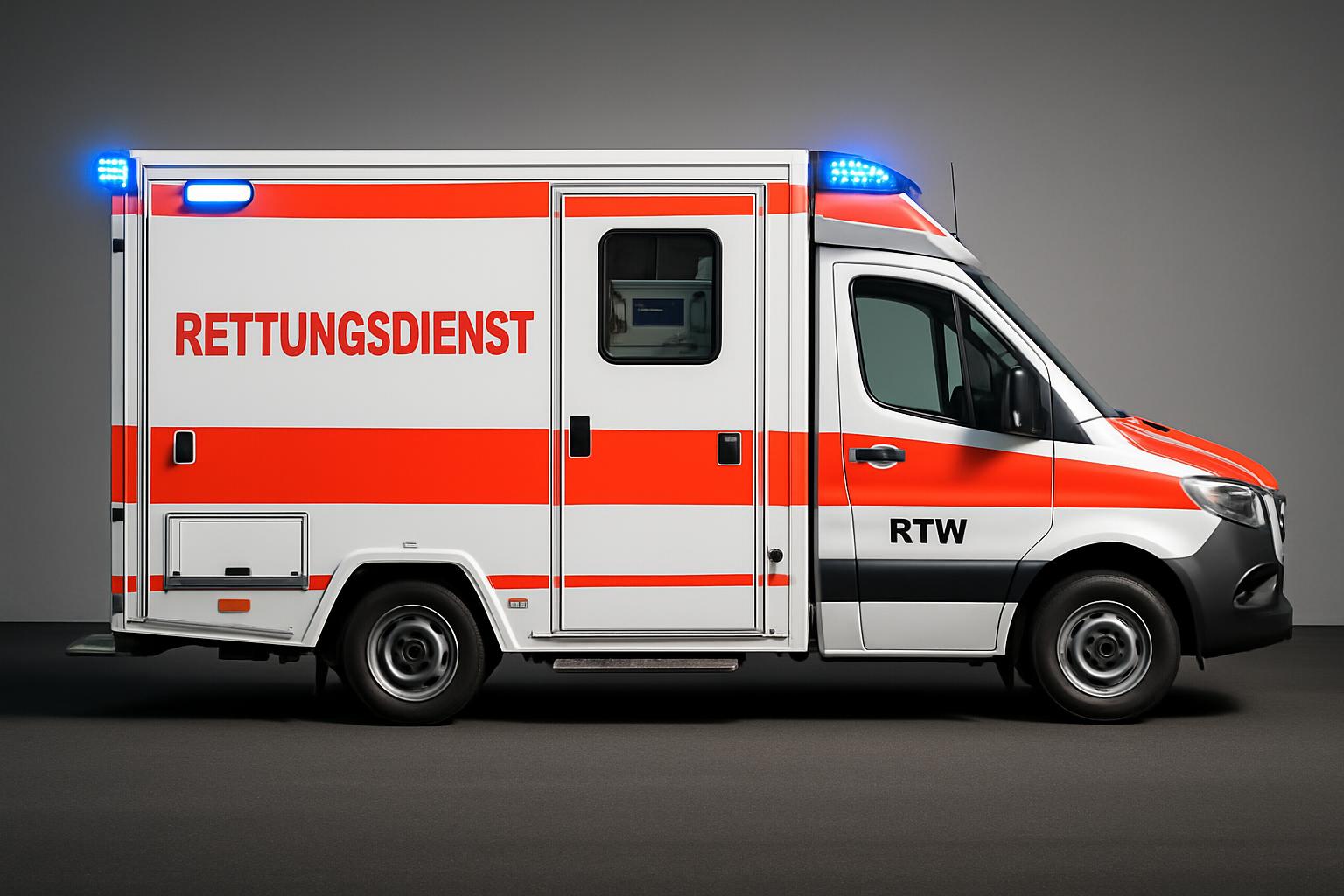Seitenansicht eines modernen deutschen Rettungstransportwagens